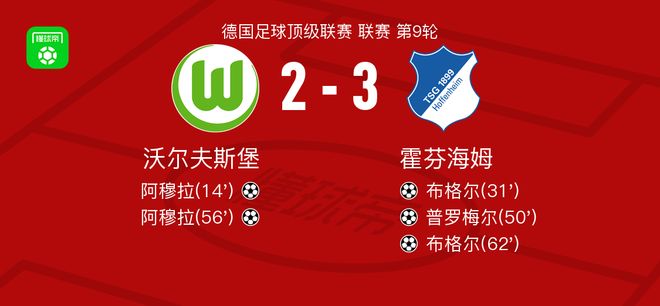 霍芬海姆3-2逆轉(zhuǎn)沃爾夫斯堡，布格爾梅開二度，普羅梅爾1傳1射