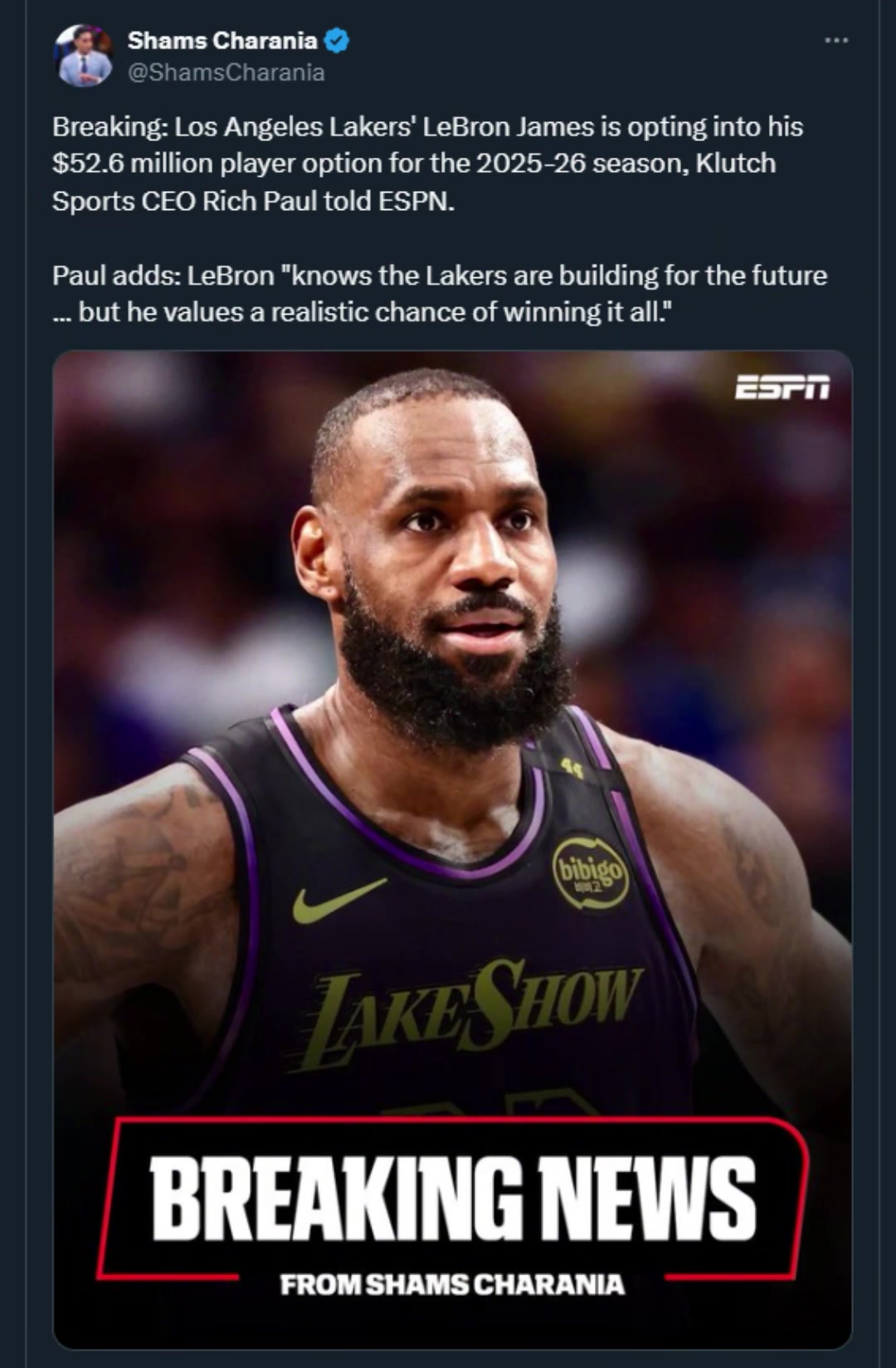 真要退役了詹姆斯將執(zhí)行下賽季的球員選項而不是像以往那樣選擇重簽11