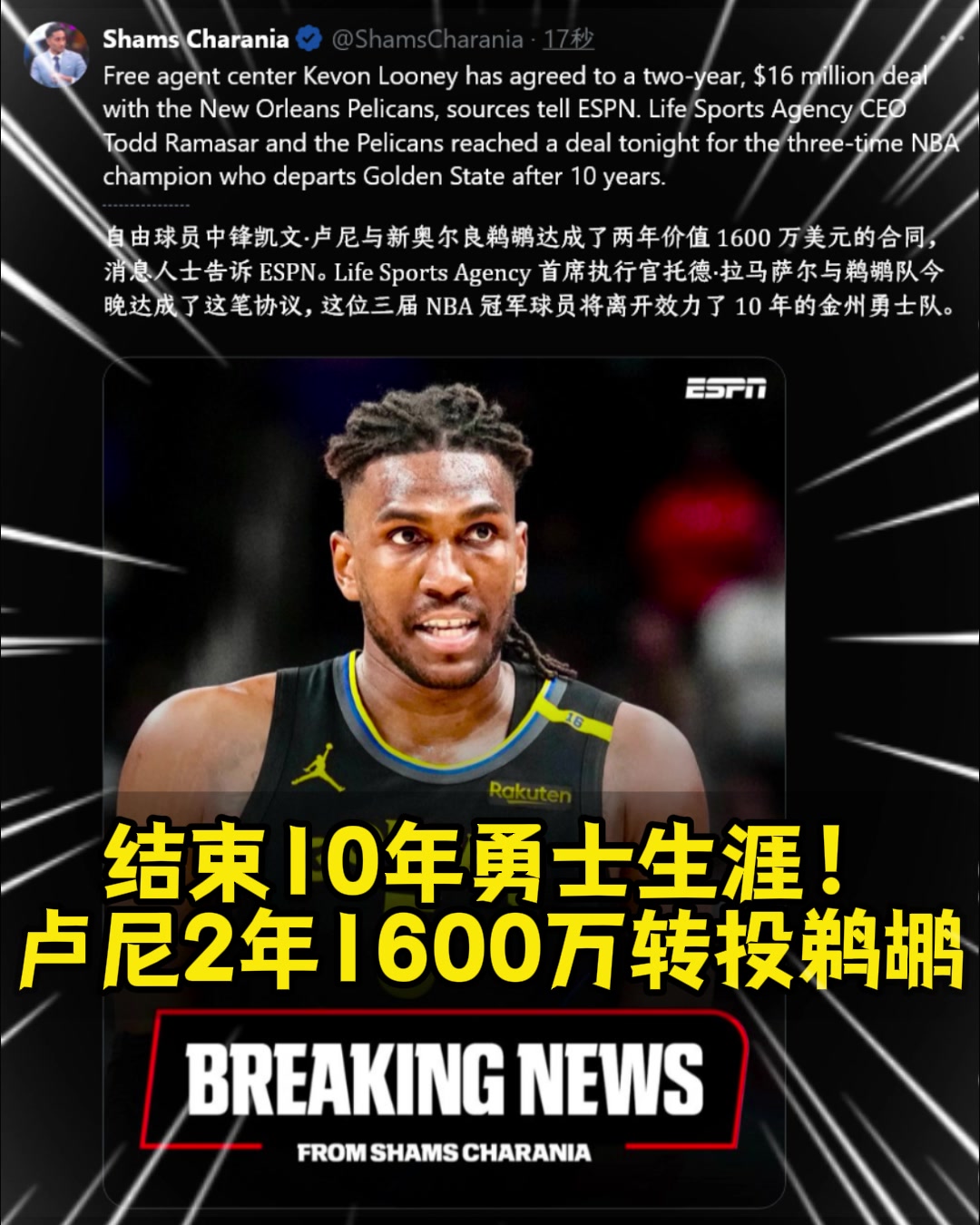 勇士的冠軍中鋒離隊Shams盧尼2年1600萬簽約鵜鶘
