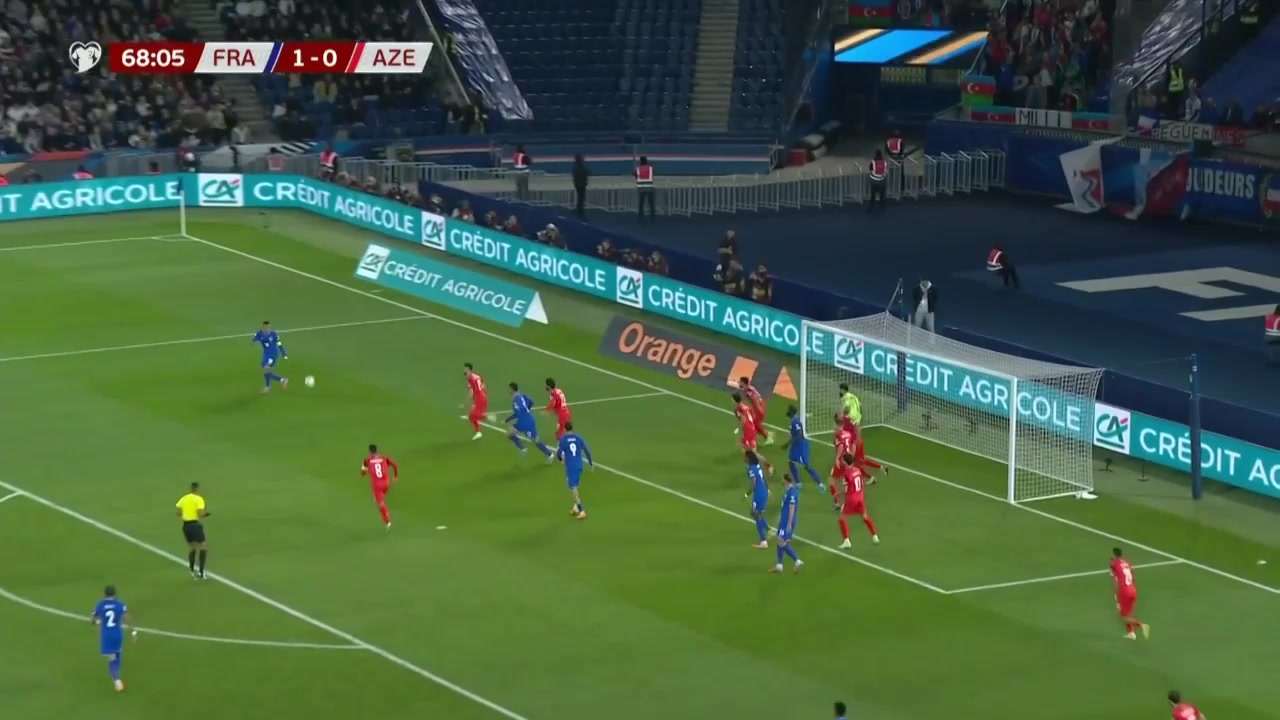 法國(guó)2-0領(lǐng)先姆巴佩禁區(qū)內(nèi)傳中助攻拉比奧特頭球破門(mén)