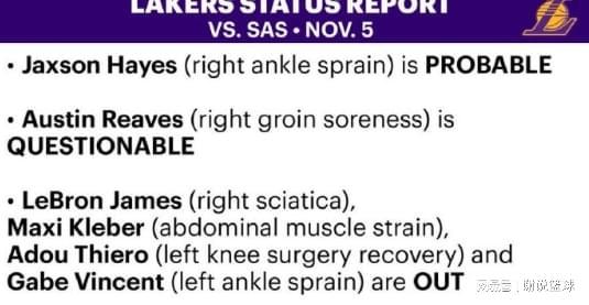 湖人迎關(guān)鍵對決，兩輪換出戰(zhàn)成疑，馬刺也面臨傷病潮