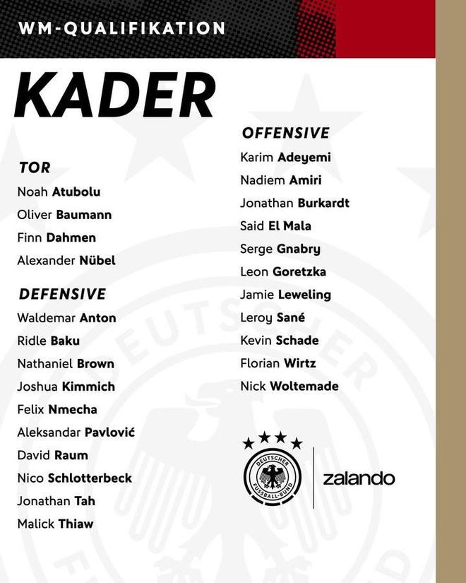 德國(guó)新一期名單：維爾茨領(lǐng)銜，薩內(nèi)回歸，賽義德-馬拉首次入選