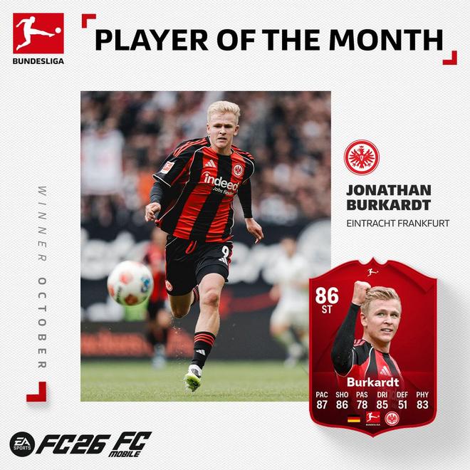 官方：法蘭克福前鋒伯卡特當(dāng)選德甲10月最佳球員