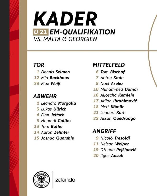 德國U21大名單：17歲卡爾入選，比朔夫、阿爾揚-伊布在列